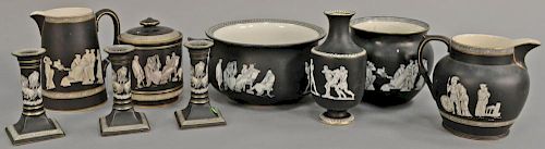 Nine piece Fenton and Pratt Old Greek group to include waste pot, two pitchers, two vases, large covered jar, and three candl
