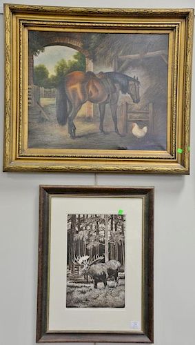 Two framed pieces to include 20th century oil on canvas of horse in the barn signed lower right: Rafael, 20" x 24" and an eng