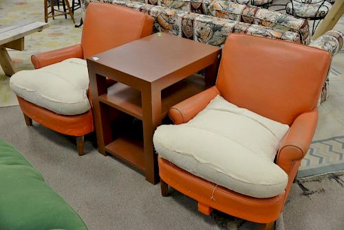 Five piece lot to include pair of orange Naugahyde chairs made by Joseph Giannola, N.Y. (cushions are cloth), Parsons table, 