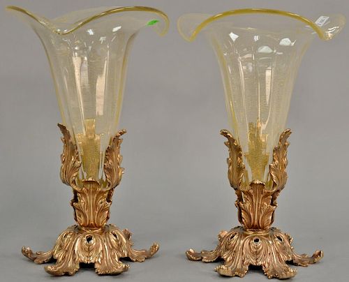 Pair of Venturi Arte Murano glass vases in bronze bases, marked Venturi Arte Cera Persa made in Italy. ht. 16 1/4in.