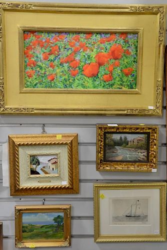 Group of six framed items to include Carl Andrew Schaad (1946-2011), oil on canvas of flowers; Pardi, oil on board river land