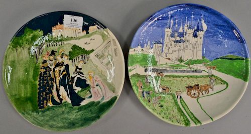 Set of twelve Marguerita Phillips "Book of Hours Plates" ceramic with hand painted landscape scenes, two with Woodmere Art Ga