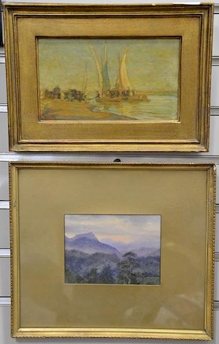 Two small paintings including oil on cribbed board, Sail Boats at Shore, unsigned, 5 3/4" x 9" and watercolor mountain sunset