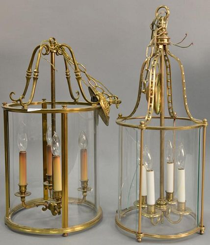 Two large brass and glass hanging lights, each with four lights and round shade (one as is three glass panels missing). ht. 2