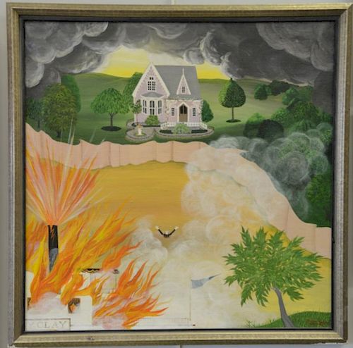 Barbara Bustetter Falk (20th century), oil on canvas, Victorian house with burning paddle boat, signed lower right: Barbara B
