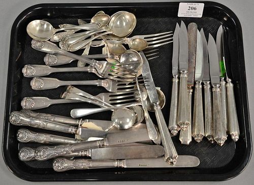 Sterling silver lot with six forks, five small ladles, five demitasse spoons, six cream soups, and fifteen knife handles. 20 