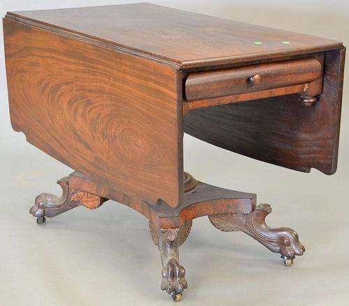 Empire mahogany drop leaf table with paw feet, solid top. ht. 28 in., top closed: 22" x 40"