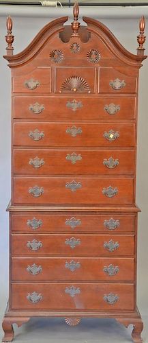Mahogany bonnet top chest on chest in two parts. ht. 89in., wd. 34in.