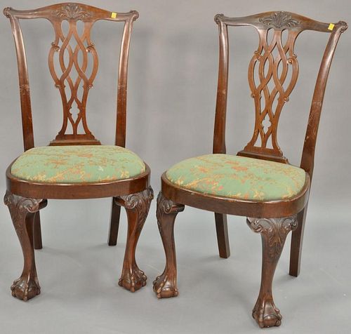 Set of six mahogany Chippendale style side chairs with rounded slip seats.  Provenance: From the Estate of Faith K. Tiberio o