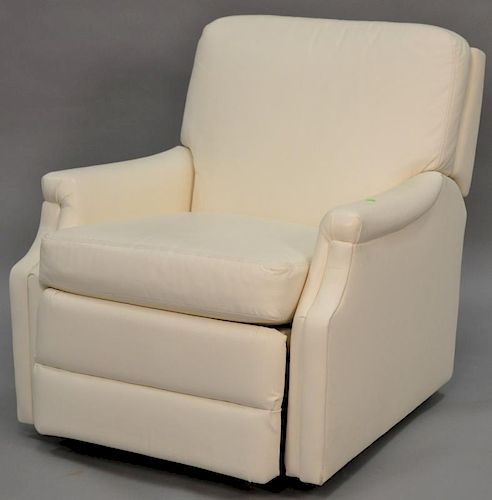 Barcalounger, white leather with pop up headrest, small size (like new). ht. 32 in., wd. 30 in.