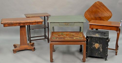 Seven piece lot to include Asian style table, Louis XV style table, spool leg stand, Federal tip stand, coal hod, Empire game