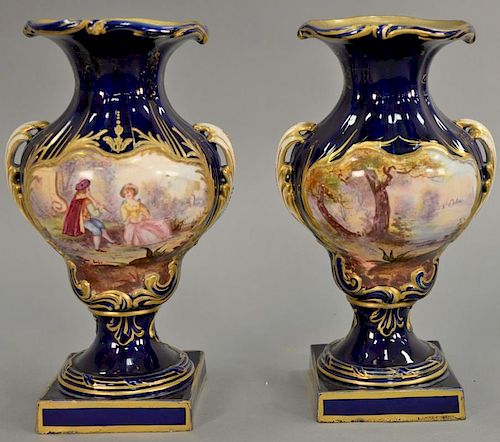 Pair of Sevres porcelain vases having bulbous body raised on square base and oval painted panel on each side, Se