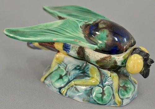 Wedgwood Majolica fly match box having wings cover opening to hollow body on lilypad and leaf base. ht. 2 1/2 in., lg. 5 1/4 