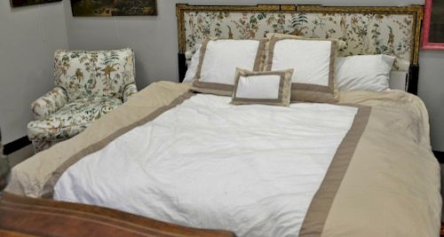 Two piece lot custom upholstered chair and carved and upholstered king headboard with matching skirt. headboard: ht. 48 in.  