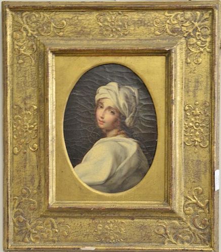 Oval oil on canvas of young girl in gilt frame, 18th/19th century, 10" x 7 1/2".