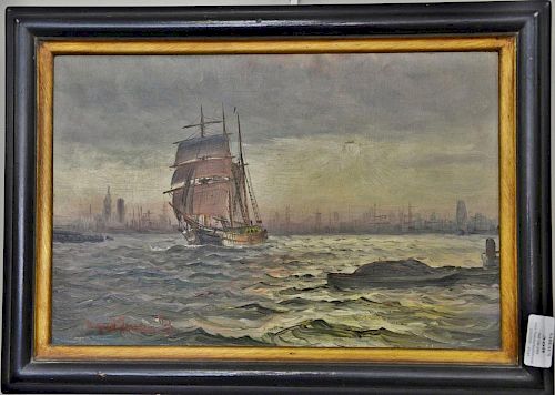 Alfred Prof Jensen (1859-1935), oil on canvas, sailing out at sunrise, signed lower left: Alfred Jensen, 9 1/2" x 14 1/4".  P