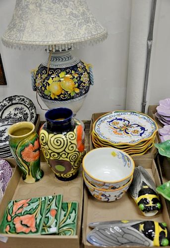Three tray lots to include Tuscany china plates and bowls, pair of Louis Sicard Cicada wall pocket vases, Bellucci pottery la