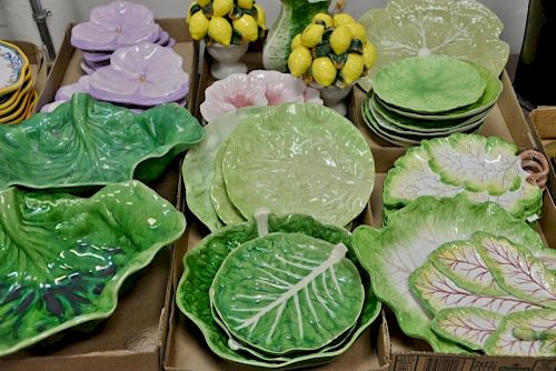 Six tray lots including Vietri leaf plates, flower plates, pair of Folha De Couve leaf bowls, cabbage leaf pitcher, lemon can