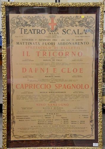 Lithograph poster, Teatro Alla Scala Stagione Lirica (1953-54) IL Tricorno, Dafni E Cloe, Capriccio Spagnolo. poster size: 38