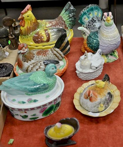 Group of seven porcelain rooster or chicken covered tureen. ht. 3 in., lg. 4 1/2 in. to ht. 10 in., lg. 12 in.
