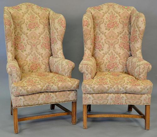 Pair of custom made tiger maple Chippendale style upholstered wing chairs, in the manner of Eldred Wheeler. ht. 54 in.