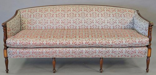 Sheraton style mahogany sofa with custom upholstery by Custom Interiors of Fairfield, CT. wd. 77 in.