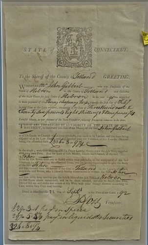 18th Century State of Connecticut tax document, "To the Sheriff of the County of Tolland Greeting Whereas Mr. John Gibbert wh