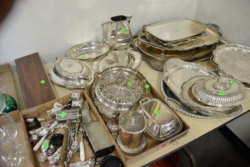 Large group of silverplate items to include large serving trays, bowls, warming dishes, etc.   Provenance: The Estate of Thom