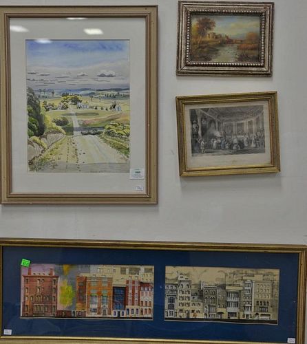 Six framed pieces to include watercolor cityscape signed illegibly lower right, a watercolor country road "After Birchfield, 