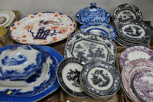 Four tray lots of Staffordshire blue and white covered tureen, Blue Willow platter, plates, and ironstone platter.  Provenanc