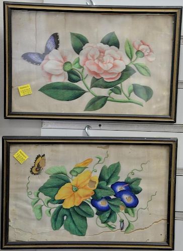 Set of seven 19th century Chinese paintings on rice paper of blossoming flowers and butterflies. 6" x 8"