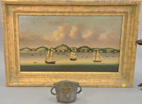 Two piece lot to include a reproduction China trade painting 17 1/2" x 31" and reproduction bronze censer ht. 4 1/2in.