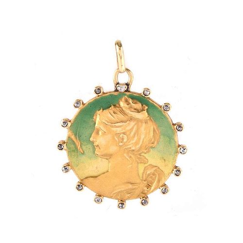 Circa 1893 Art Nouveau Rose Cut and Old European Cut Diamond and Enameled 14 Karat Yellow Gold Pend