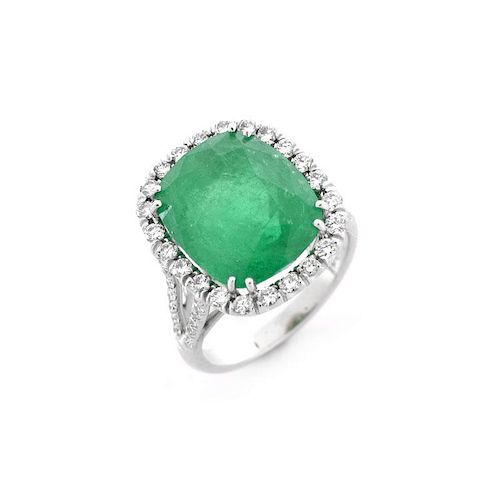 Approx. 9.0 Carat Cushion Cut Colombian Emerald, .95 Carat Round Brilliant Cut Diamond and 18 Karat