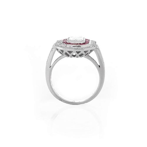 Art Deco style Approx. 1.56 Carat TW Diamond, .60 Carat Ruby and Platinum Ring set in the Center wi