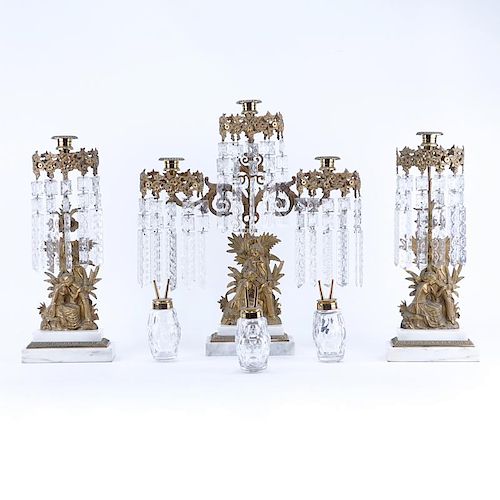 Antique Gilt Brass and Hanging Crystal Three Arm Figural Lamp with Candlesticks Set. Includes three
