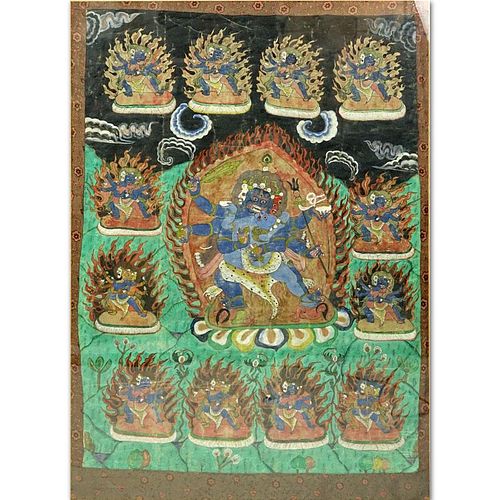 19th Century Tibetan Thangka Gouache Painting on Silk. Depicts an image of Vajrapani with consorts.