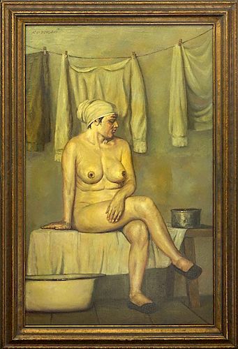 Attributed to: Geli Korzhev, Russian (1925 - 2012) Oil on Canvas, Nude Study: Woman Sitting in Bath