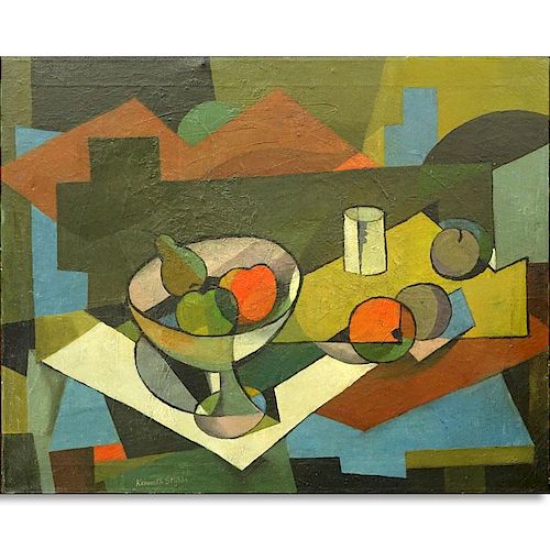Kenneth Stubbs, American  (1907 - 1967) Oil on Canvas, Abstract Still Life Fruits, Signed Lower Lef