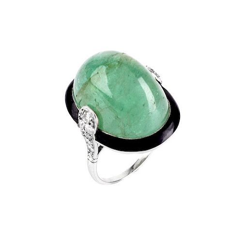 Estate Large Cabochon Emerald, Diamond, Black Onyx and 18 Karat White Gold Ring. Emerald measures 2