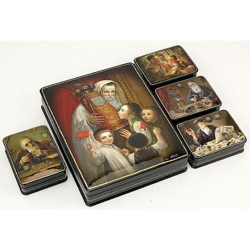 Large Russian Lacquer Box with Four (4) Smaller Boxes Inside. Depicts Judaica scenes. Artist signed