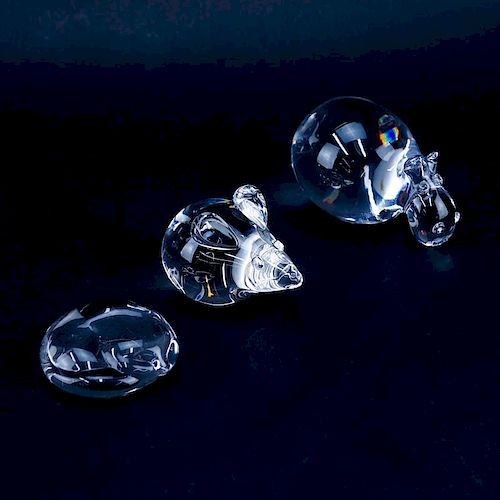 Lot of Three Crystal Animal Paperweights. Includes: Tiffany & Co. sleeping cat, Steuben mouse, hipp