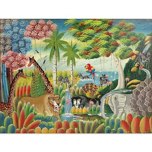 Contemporary Haitian Acrylic On Canvas "Jungle Scene" Signed lower right Jacky ____. Good condition