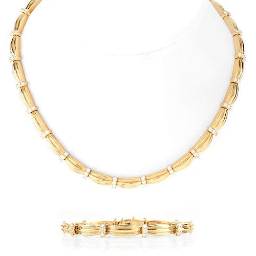 Tiffany & Co Round Brilliant Cut Diamond and 18 Karat Yellow Gold Necklace and Bracelet Suite. Sign