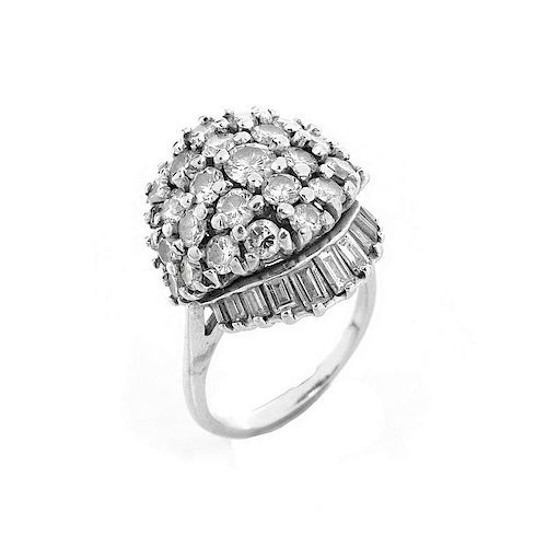 Vintage Approx. 3.0 Carat Round Brilliant and Baguette Cut Diamond and 14 Karat White Gold Dome Rin