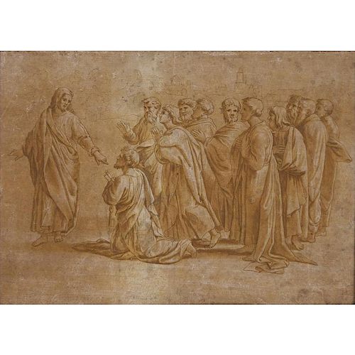 17th Century Old Master Sanguine Ink On Paper "Christ And His Apostles". Unsigned. Good condition.