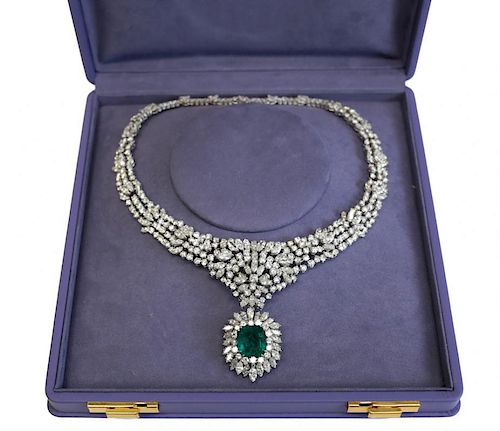 18k White Gold & Columbia Emerald, Diamond Necklace