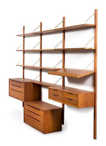 Poul Cadovius (Danish, 1911-2011), Cado, Denmark, 1960s, wall unit, with four uprights, four cabinets and 15 shelves