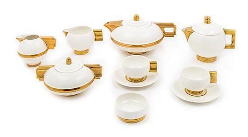 Art Deco, ROBJ, Paris, France, a coffee and tea service, comprising a coffee pot, tea pot, two cups and saucers, two creamers