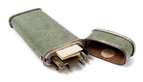 * A Dutch Shagreen and Silver-Mounted Cased Drawing Insrument Set Height of case 7 inches.